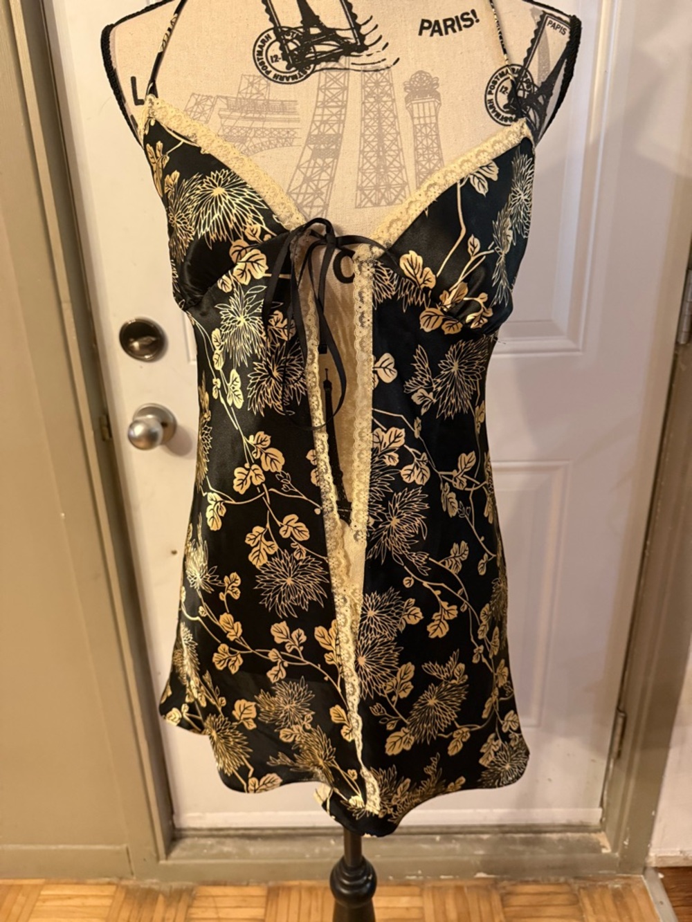 Victoria's Secret Black and Gold Floral Lace Chemise